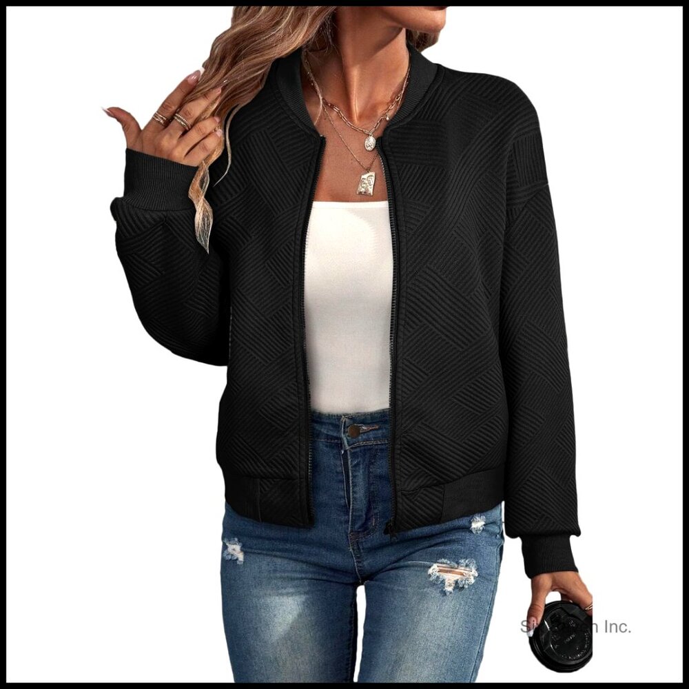 Lightweight Bomber Jacket Casual Stand Collar Zip Up Fall Fashion With Pockets